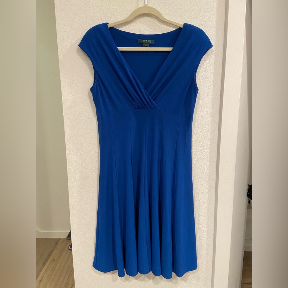 Lauren by Ralph Lauren Blue V Neck Shoulder Pad Sleeveless Cocktail Dress 12P